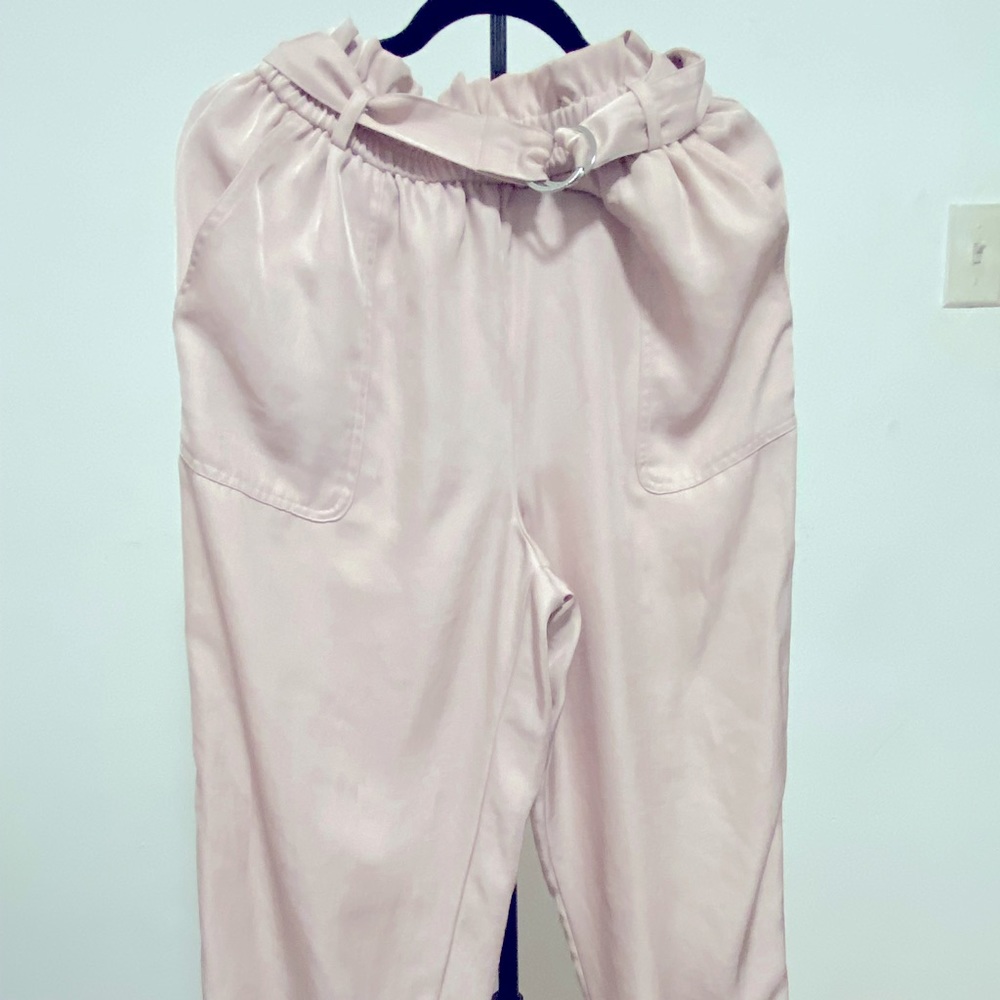 Sleek High-Waisted Paperbag Belted Ankle Pant in Blush Pink